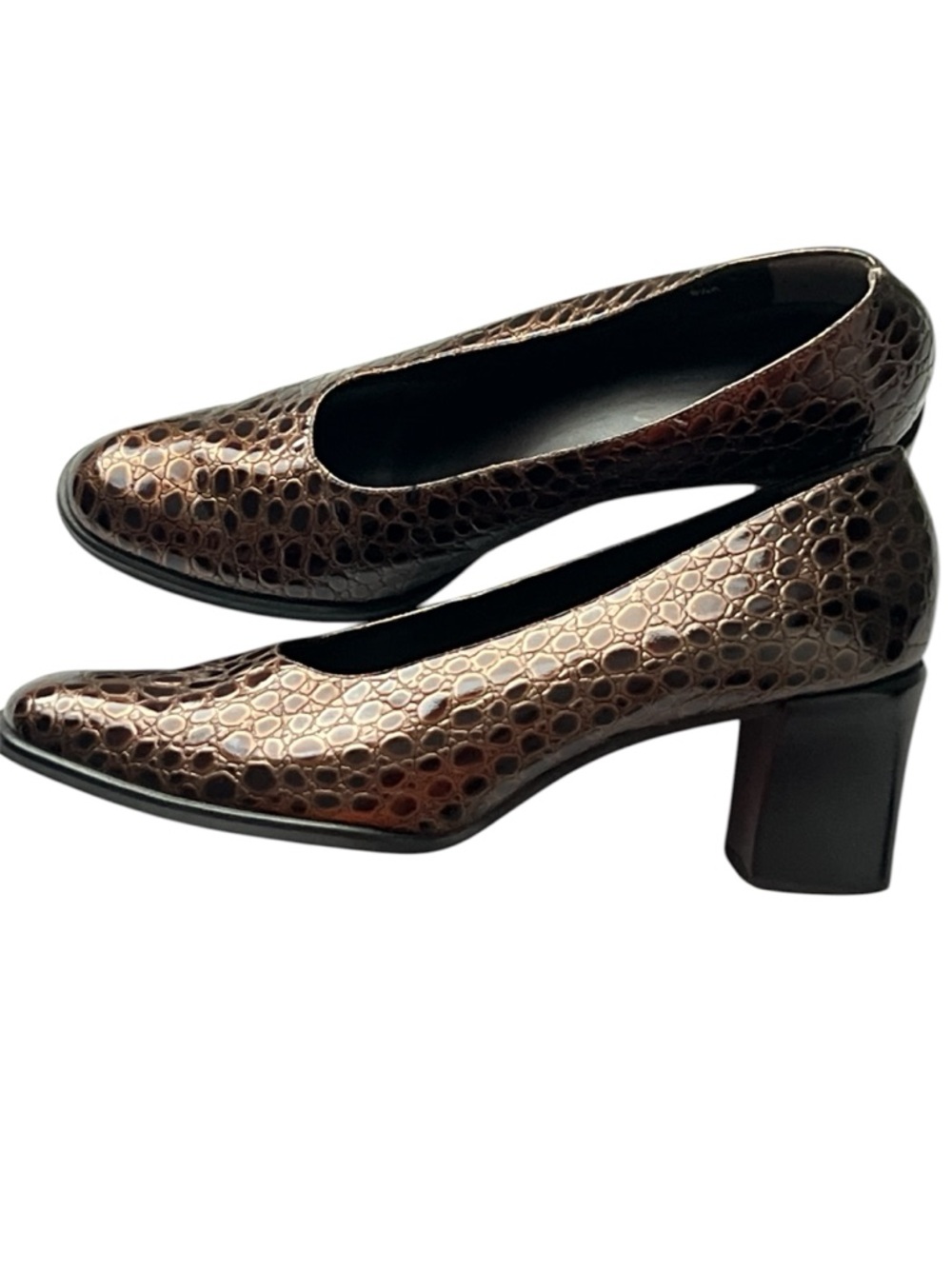Bass Brown Croc-Embossed‎ Comfy Block Heel Pumps, Size 81/2 M
